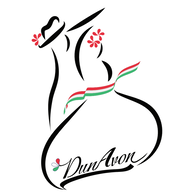 Dunavon Logo: a line drawing of a couple dancing. The woman wears a red white and green belt representing Hungary.